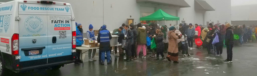 Vancouver, Canada - Participating in Mobile Food Rescue Program by Distributing Fresh Produce & Essential Groceries & Serving Hot Meals with Tea & Dessert to 300+ Families at Local Community's Muslim Food Bank