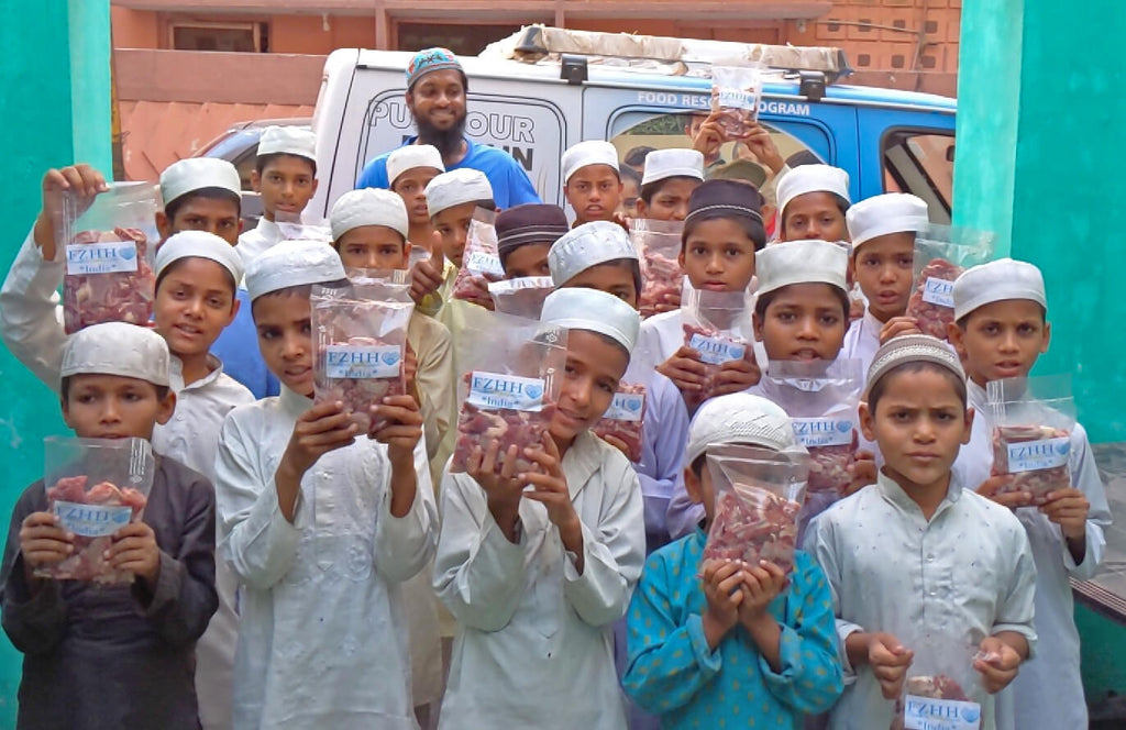 Hyderabad, India - Participating in Holy Qurbani Program & Ramadan Appeal Program by Processing, Packaging & Distributing Holy Qurbani Meat from 13 Holy Qurbans to Madrasa/School Children, Less Privileged & Homeless Families