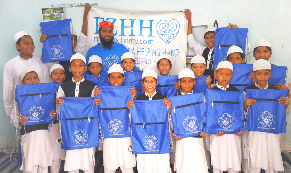 Hyderabad, India - Participating in Our Dawah / Knowledge Propagation Program & New Masjid Support Program by Distributing Water Resistant FZHH String Bags with Books, Pens & Exam Pads to Beloved Orphans & Less Privileged Children at Multiple Madrasas